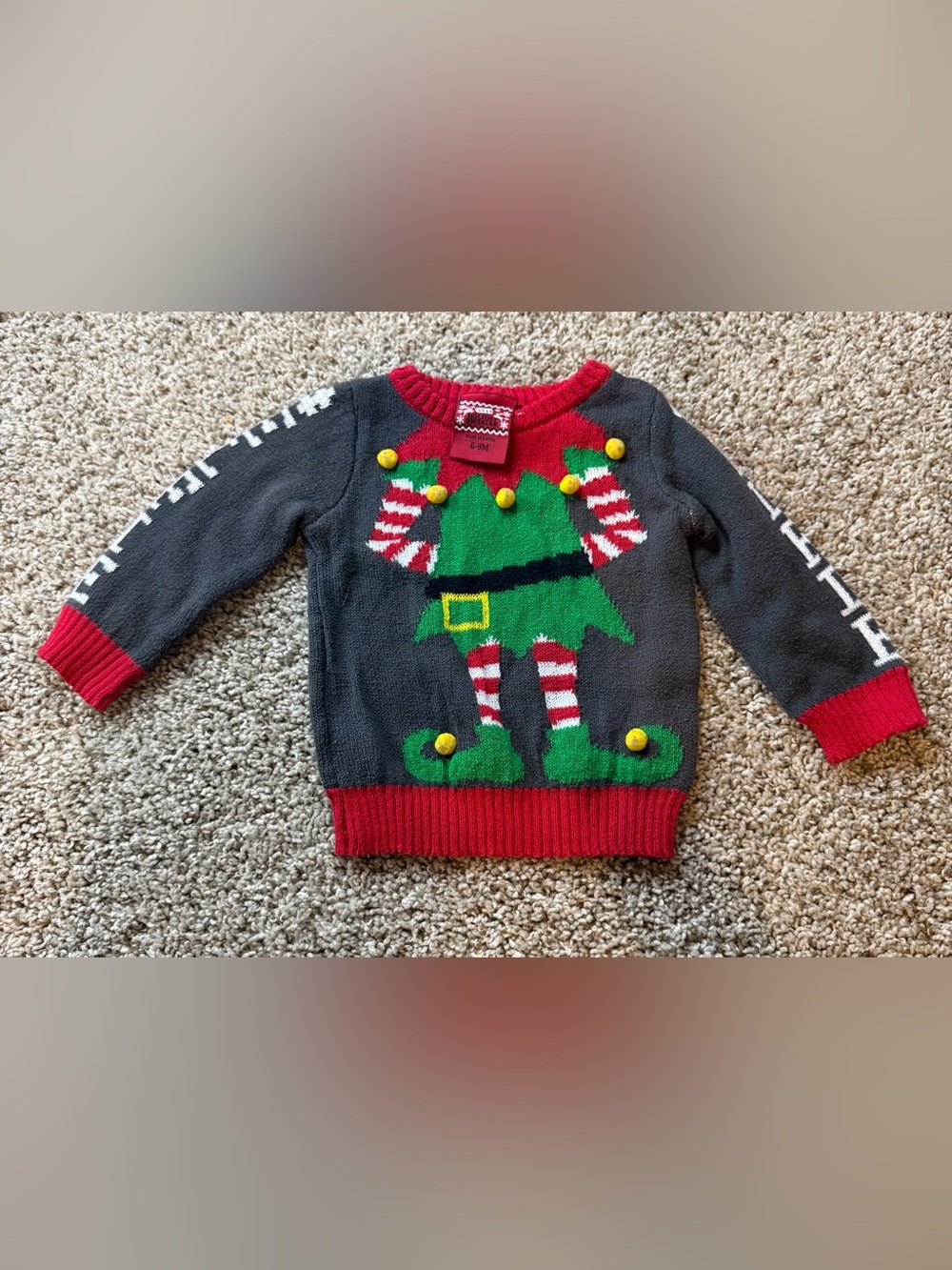 Baby Toddler Elf Christmas Sweater 6-9 Months Gray Red Holiday Knit